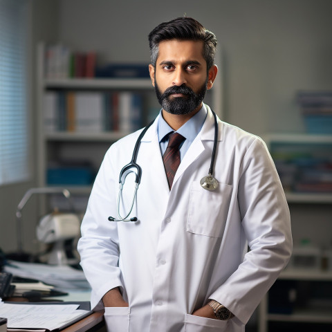 Confident handsome indian man physician at work on blured background Confident handsome indian man physician at work on blured background
