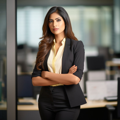 Confident beautiful indian woman public relations specialist at work on blured background Confident beautiful indian woman public relations specialist at work on blured background