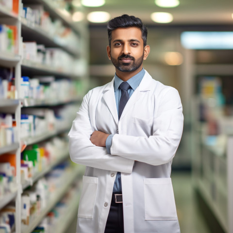 Confident handsome indian man pharmacist at work on blured background Confident handsome indian man pharmacist at work on blured background