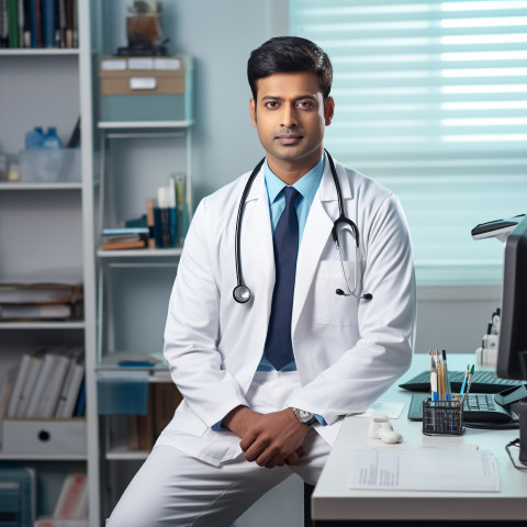 Confident handsome indian man physician at work on blured background Confident handsome indian man physician at work on blured background