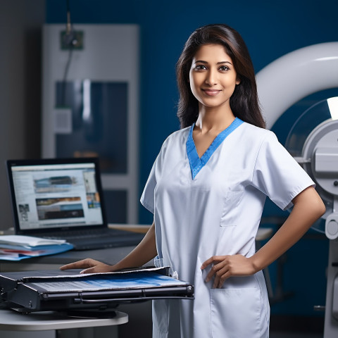 Confident beautiful indian woman radiologic technologist at work on blured background Confident beautiful indian woman radiologic technologist at work on blured background