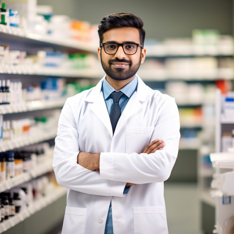 Confident handsome indian man pharmacist at work on blured background Confident handsome indian man pharmacist at work on blured background