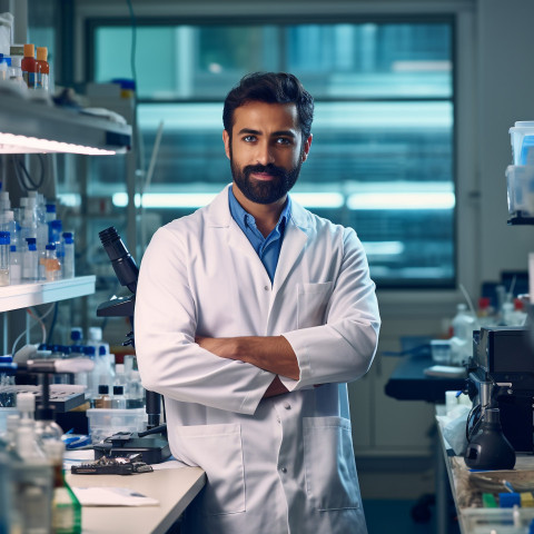 Confident handsome indian man research scientist at work on blured background Confident handsome indian man research scientist at work on blured background