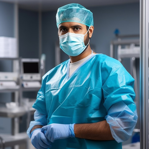 Confident handsome indian man infection control specialist at work on blured background