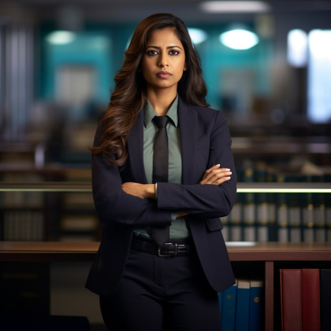 Confident beautiful indian woman legal and compliance officer at work on blured background