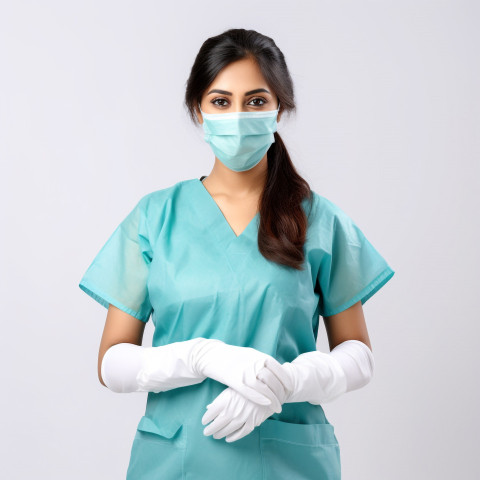 Confident beautiful indian woman infection control specialist at work on isolated white background