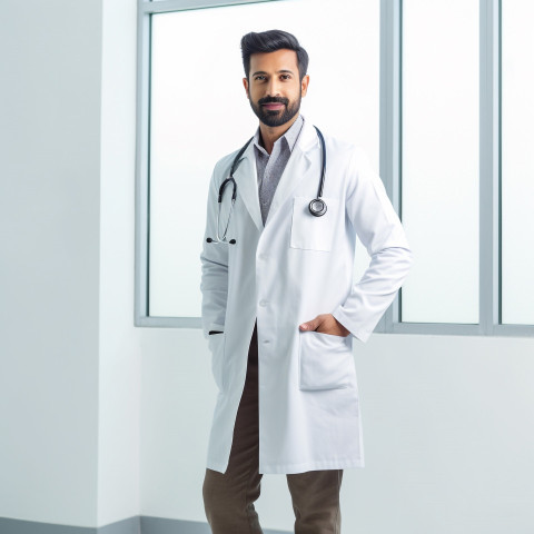 Confident handsome indian man medical assistant at work on blured background