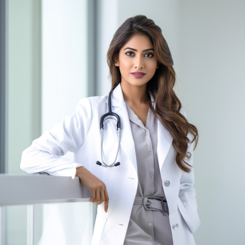 Confident beautiful indian woman hospital administrator at work on blured background