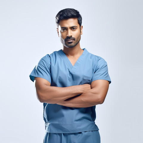 Confident handsome indian man nurse at work on isolated white background