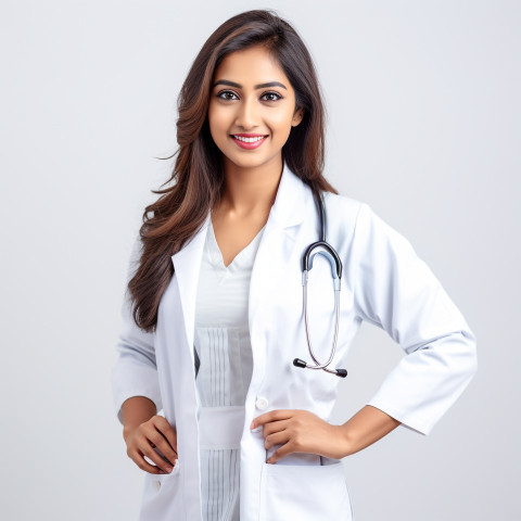 Confident beautiful indian woman medical assistant at work on isolated white background