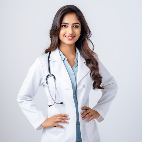 Confident beautiful indian woman medical assistant at work on isolated white background