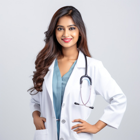 Confident beautiful indian woman medical assistant at work on isolated white background Confident beautiful indian woman medical assistant at work on isolated white background