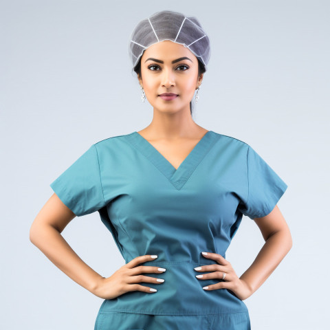 Confident beautiful indian woman surgeon at work on isolated white background