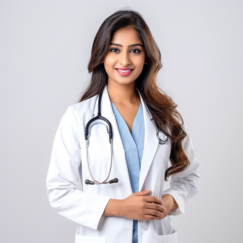 Confident beautiful indian woman medical assistant at work on isolated white background