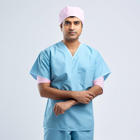 Confident handsome indian man surgeon at work on isolated white background Confident handsome indian man surgeon at work on isolated white background
