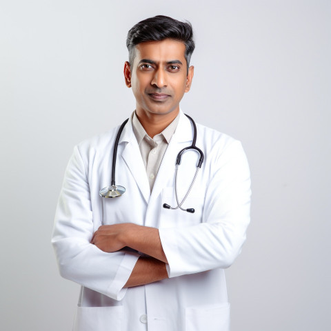 Confident handsome indian man physician at work on isolated white background Confident handsome indian man physician at work on isolated white background