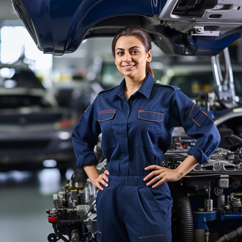 Friendly smiling beautiful indian woman automotive quality control inspector at work on blured background Friendly smiling beautiful indian woman automotive quality control inspector at work on blured background