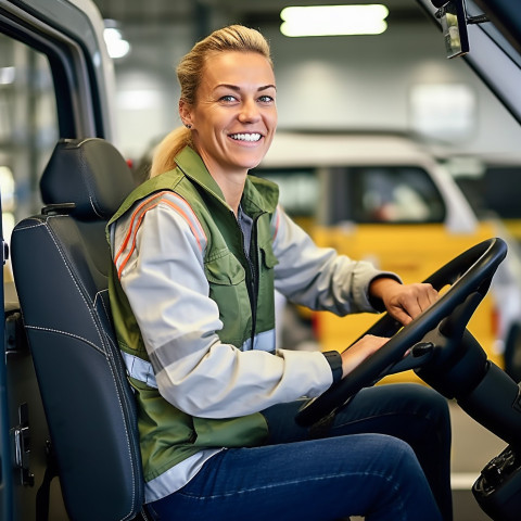 Friendly smiling beautiful woman automotive driver at work on blured background Friendly smiling beautiful woman automotive driver at work on blured background