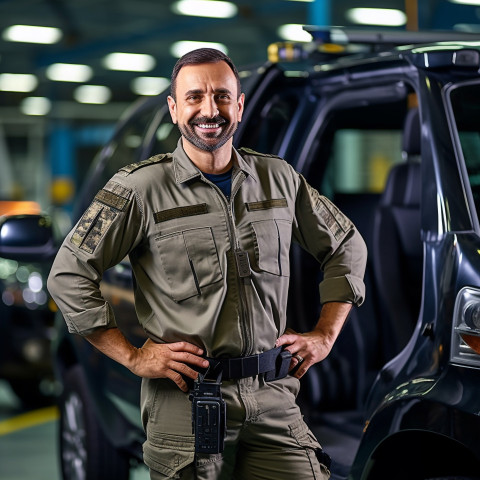 Friendly smiling handsome man automotive security personnel at work on blured background Friendly smiling handsome man automotive security personnel at work on blured background