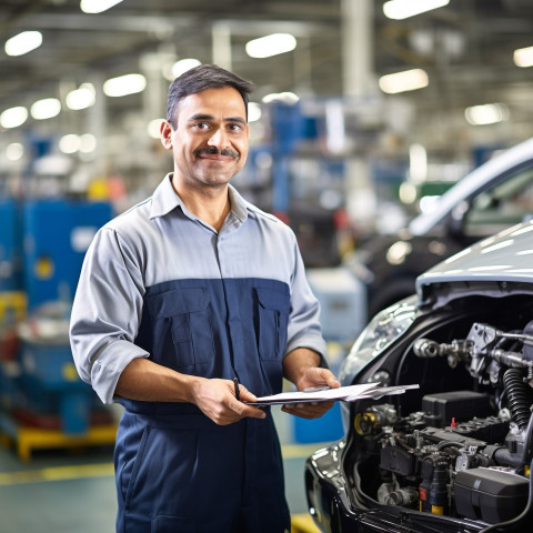 Friendly smiling handsome indian man automotive quality control inspector at work on blured background Friendly smiling handsome indian man automotive quality control inspector at work on blured background