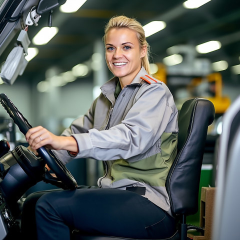 Friendly smiling beautiful woman automotive driver at work on blured background Friendly smiling beautiful woman automotive driver at work on blured background