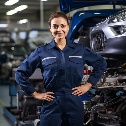 Friendly smiling beautiful indian woman automotive quality control inspector at work on blured background Friendly smiling beautiful indian woman automotive quality control inspector at work on blured background