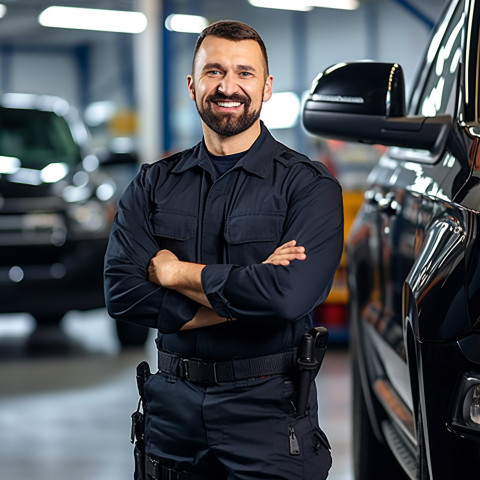 Friendly smiling handsome man automotive security personnel at work on blured background Friendly smiling handsome man automotive security personnel at work on blured background