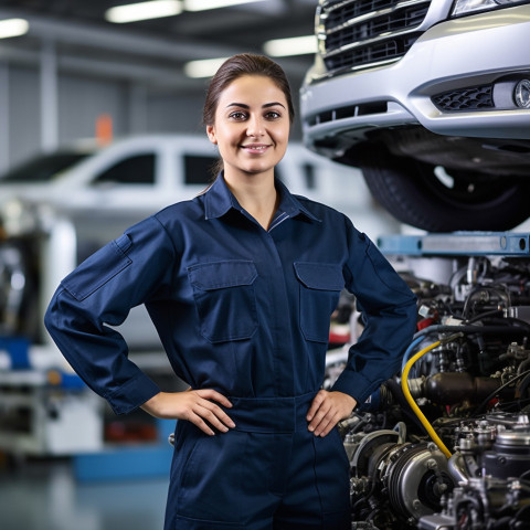 Friendly smiling beautiful indian woman automotive quality control inspector at work on blured background Friendly smiling beautiful indian woman automotive quality control inspector at work on blured background