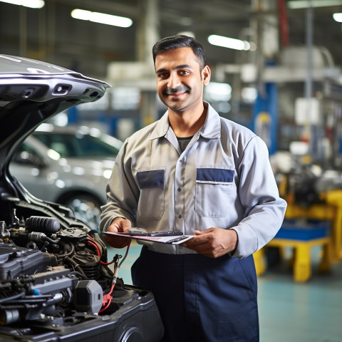 Friendly smiling handsome indian man automotive quality control inspector at work on blured background Friendly smiling handsome indian man automotive quality control inspector at work on blured background