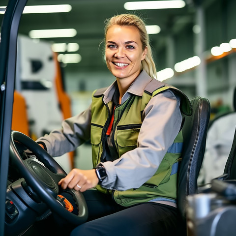 Friendly smiling beautiful woman automotive driver at work on blured background Friendly smiling beautiful woman automotive driver at work on blured background