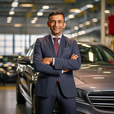 Friendly smiling handsome indian man automotive marketing manager at work on blured background Friendly smiling handsome indian man automotive marketing manager at work on blured background