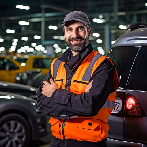 Friendly smiling handsome man automotive security personnel at work on blured background Friendly smiling handsome man automotive security personnel at work on blured background