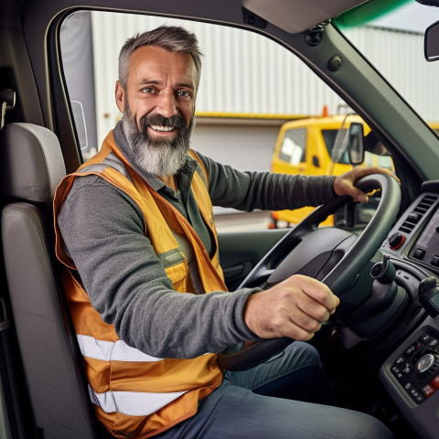 Smiling handsome man automotive driver at work on blured background Smiling handsome man automotive driver at work on blured background