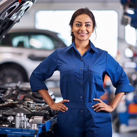 Friendly smiling beautiful indian woman automotive service manager at work on blured background Friendly smiling beautiful indian woman automotive service manager at work on blured background