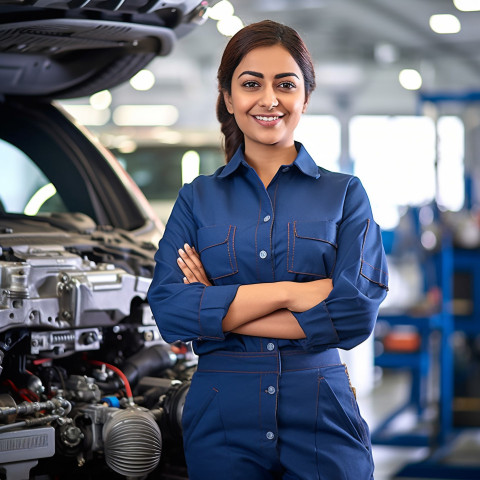 Friendly smiling beautiful indian woman automotive service manager at work on blured background Friendly smiling beautiful indian woman automotive service manager at work on blured background