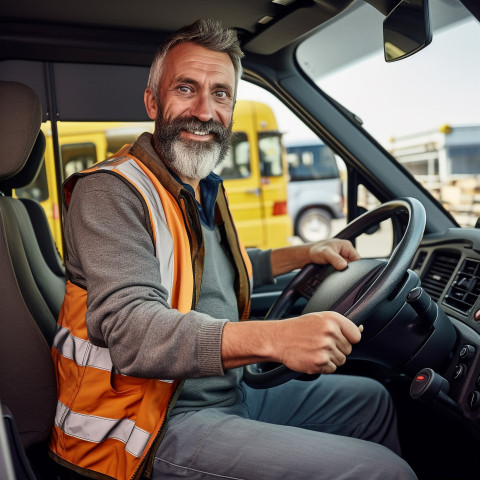 Smiling handsome man automotive driver at work on blured background Smiling handsome man automotive driver at work on blured background