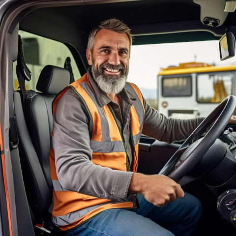 Smiling handsome man automotive driver at work on blured background Smiling handsome man automotive driver at work on blured background