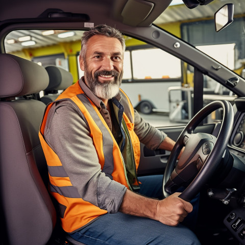 Smiling handsome man automotive driver at work on blured background Smiling handsome man automotive driver at work on blured background