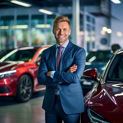 Friendly smiling handsome man automotive sales representative at work on blured background Friendly smiling handsome man automotive sales representative at work on blured background