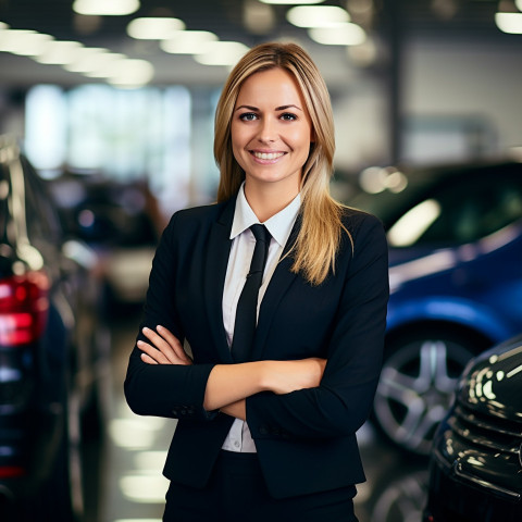 Friendly smiling beautiful woman automotive sales representative at work on blured background Friendly smiling beautiful woman automotive sales representative at work on blured background