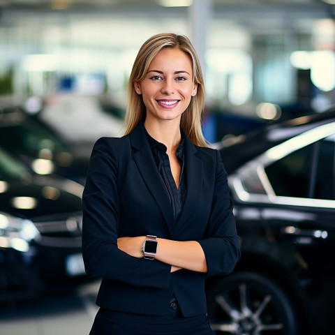 Friendly smiling beautiful woman automotive sales representative at work on blured background Friendly smiling beautiful woman automotive sales representative at work on blured background