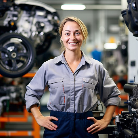 Friendly smiling beautiful woman automotive parts manager at work on blured background Friendly smiling beautiful woman automotive parts manager at work on blured background