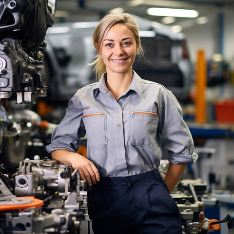 Friendly smiling beautiful woman automotive parts manager at work on blured background Friendly smiling beautiful woman automotive parts manager at work on blured background