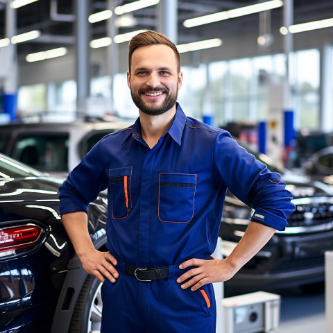 Friendly smiling handsome man automotive customer service representatives at work on blured background Friendly smiling handsome man automotive customer service representatives at work on blured background