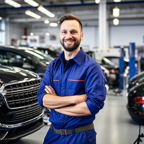 Friendly smiling handsome man automotive customer service representatives at work on blured background Friendly smiling handsome man automotive customer service representatives at work on blured background