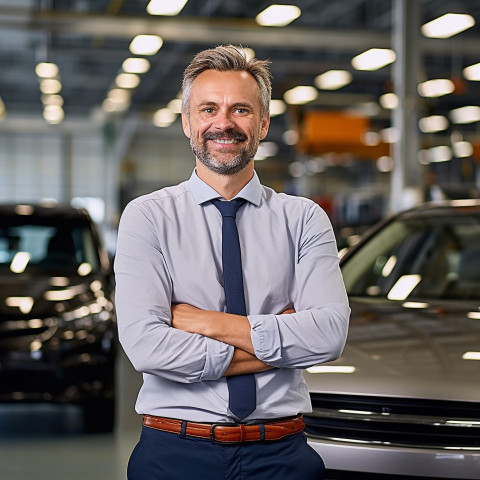 Friendly smiling handsome man automotive human resources manager at work on blured background Friendly smiling handsome man automotive human resources manager at work on blured background