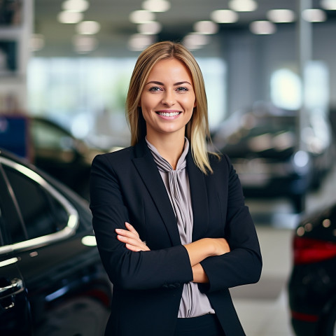Friendly smiling beautiful woman automotive sales representative at work on blured background Friendly smiling beautiful woman automotive sales representative at work on blured background