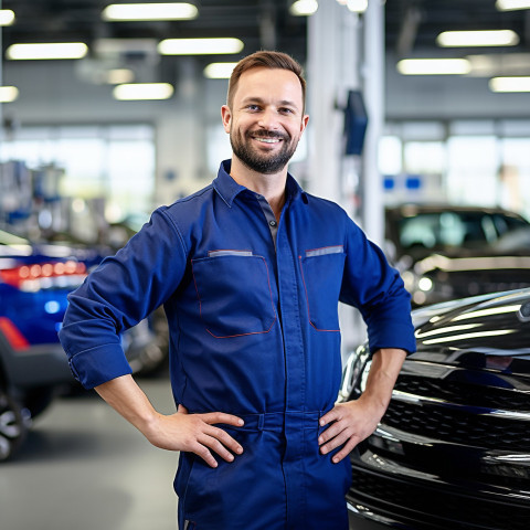 Friendly smiling handsome man automotive customer service representatives at work on blured background Friendly smiling handsome man automotive customer service representatives at work on blured background