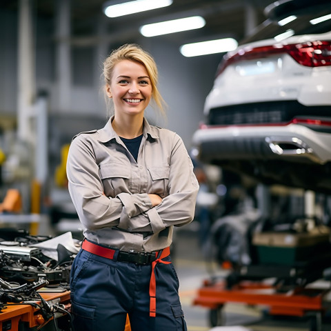 Friendly smiling beautiful woman automotive inventory manager at work on blured background Friendly smiling beautiful woman automotive inventory manager at work on blured background
