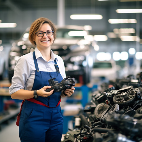 Friendly smiling beautiful woman automotive inventory manager at work on blured background Friendly smiling beautiful woman automotive inventory manager at work on blured background
